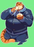  2022 anthro belly big_belly bottomwear clothing eating eyes_closed felid food green_background hi_res kemono launcher_r male mammal overweight overweight_male pantherine pants simple_background solo sweater tiger topwear 