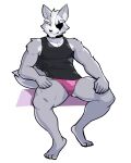  5_fingers anthro canid canine canis clothing collar eye_patch eyewear fingers fur grey_body grey_fur hi_res jrjresq looking_at_viewer male mammal muscular muscular_anthro muscular_male nintendo pink_clothing pink_underwear shirt simple_background sitting solo star_fox topwear underwear video_games wolf wolf_o&#039;donnell 