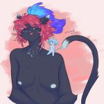  2022 anthro april_(trololohstuffs) black_body black_fur blue_body blue_eyes blue_fur blue_hair bodily_fluids breasts digital_media_(artwork) domestic_cat duo felid feline felis female fur hair hi_res looking_at_viewer macro mammal mouse murid murine navel nipples nude nuse open_mouth red_hair rodent simple_background sitting_on_shoulder size_difference smile surprise sweat trololohstuffs weiss_(trololohstuffs) 