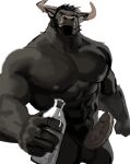  2022 abs anthro balls beard beverage biceps black_hair bodily_fluids bovid bovine cattle deltoids dopq dripping erection facial_hair genital_fluids genitals hair hi_res holding_beverage holding_object horn looking_at_viewer male mammal manly muscular navel nipples pecs penis precum precum_drip simple_background solo standing triceps vein veiny_penis white_background 