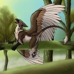  absurd_res ambiguous_gender avian claws feathers feral fluffy forest forest_background gryphon happy hi_res looking_back male_(lore) moss mythological_avian mythology nature nature_background pawpads paws plant sitting_on_branch solo spread_wings tree wings zirius 