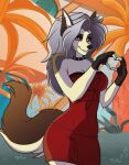  anthro black_body black_ears black_fur black_nose breasts canid canid_demon clothed clothing demon dress female fur gesture grey_hair hair hand_heart hellhound helluva_boss hi_res looking_at_viewer loona_(helluva_boss) lw_88 mammal multicolored_body multicolored_fur multicolored_tail red_clothing red_dress red_sclera solo teeth two_tone_tail white_body white_fur white_tail 