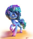  afro blue_body blue_hair blue_hooves blue_tail brdte digital_media_(artwork) equid equine eyebrows female feral freckles green_eyes hair hasbro hi_res hooves horn mammal misty_(g5) mlp_g5 my_little_pony raised_hoof smile solo unicorn unicorn_horn 