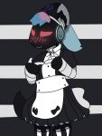  4_ears anthro black_and_white_background blue_horn blush clothing embarrassed fur hair horn machine maid_uniform male multi_ear multicolored_body multicolored_fur multicolored_hair protogen solo trans_(lore) uniform unknown_artist xanion 