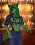  2022 absurd_res alcohol anthro bar beverage biped black_body black_fur blue_bottomwear blue_clothing blue_pants bottomwear canid canine chest_harness clothing cocktail countershade_fur countershade_torso countershading detailed_background digital_media_(artwork) fur green_body green_countershading green_eyes green_fur green_hair hair harness hi_res inside lightbulb long_hair male mammal novery pants shaded solo standing 