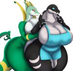  absurd_res amelia_(returnaddress) anthro apron behind_another belly big_breasts big_butt black_body blue_eyes breasts butt claws clothing creases curvy_figure duo female female/female from_behind_position generation_5_pokemon green_body hi_res huge_breasts huge_butt huge_hips hybrid hyper_voluptuous leg_markings markings nintendo pokemon pokemon_(species) reptile scalie serperior sex simple_background small_clothing snake surprise surprised_expression thigh_markings tying video_games voluptuous voluptuous_female zieis 