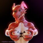  3d_(artwork) anthro areola bandai_namco bedroom_eyes black_background breasts choker claws digimon digimon_(species) digital_media_(artwork) dragon female guilmon hand_on_breast hi_res holding_breast jewelry lizard looking_at_viewer markings multicolored_body narrowed_eyes necklace nipples pink_areola pink_nipples red_body reptile rubber_(artist) scalie seductive simple_background solo tongue tongue_out white_body 