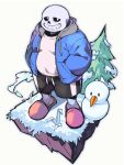  absurd_res bakedanooki bone clothing evergreen_tree hi_res hoodie looking_at_viewer male overweight pine_tree plant sans_(undertale) skeleton slippers snow snowman solo topwear tree undertale undertale_(series) video_games 