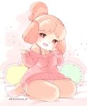  &lt;3 3_fingers 3_toes accessory animal_crossing anthro artist_name big_breasts blush bottomless breasts canid canine canis chest_tuft clothed clothing digital_media_(artwork) domestic_dog exposed_panties feet female fingers fur furniture hair hair_accessory half-closed_eyes heart_pillow isabelle_(animal_crossing) looking_at_viewer mammal narrowed_eyes nintendo open_mouth panties pawpads pillow pink_clothing pink_sweater pink_topwear shih_tzu sitting smile solo sweater toes topwear toy_dog tuft underwear video_games white_clothing white_panties white_underwear yellow_body yellow_fur yokikana_yk 