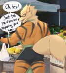  anthro apron arcanine braces butt canid clothed clothing dialogue exsys eyewear fluffy fluffy_tail food fur furgonomics generation_1_pokemon glasses hi_res looking_back male mammal muscular muscular_anthro muscular_male nintendo orange_body orange_fur partially_clothed plant pokemon pokemon_(species) shirtless shopping smile solo standing striped_body striped_fur stripes tent tight_clothing underwear vegetable video_games 