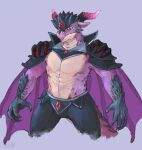  2020 anthro armor babanasaur black_body black_bottomwear black_clothing black_pants black_scales blue_eyes bottomwear cape claws clothing digital_media_(artwork) dragon gem headgear helmet hi_res horn looking_forward maduin_(raidagu) male pants purple_background purple_body purple_clothing purple_scales red_claws red_gem scales scalie shirtless signature simple_background solo spaulder standing tan_body tan_scales 