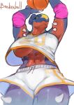  abs anthro ball basketball_(ball) big_breasts black_sclera bottomwear breasts clothing dragon female garchomp generation_4_pokemon gym_bottomwear gym_clothing gym_shorts hi_res lbt9000 low-angle_view muscular muscular_anthro muscular_female nintendo non-mammal_breasts pokemon pokemon_(species) scalie shirt shorts simple_background smile solo spikes sport sportswear tank_top topwear under_boob upshirt video_games white_background yellow_eyes 