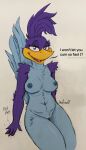  2022 absurd_res anthro avian beak bird breasts cuculiform digital_media_(artwork) feet female genitals hi_res looney_tunes new_world_ground_cuckoo nude pussy road_runner_(looney_tunes) roadrunner smile solo standing talons text toes tongue urefunest warner_brothers 