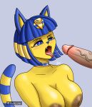  animal_crossing ankha_(animal_crossing) anthro bodily_fluids breasts collar domestic_cat duo egyptian eyeshadow felid feline felis female fur genitals hi_res humanoid_genitalia humanoid_penis inverted_nipples jewelry makeup male male/female mammal markings nintendo nipples nude offscreen_character open_mouth penis saliva saliva_string tail_markings tongue tongue_out video_games yellow_body yellow_fur zachc 