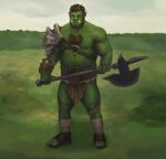  2018 armor axe beard belly belly_hair belt blue_sky body_hair bottomwear bracers brown_hair chest_hair clothing facial_hair facial_piercing footwear front_view grass green_body green_skin hair happy_trail holding_object holding_weapon humanoid leather leather_armor leg_wraps loincloth male melee_weapon muscular muscular_humanoid muscular_male nipple_piercing nipple_ring nipples nose_piercing nose_ring orc orcfun outside pecs piercing plant poleaxe ring_piercing septum_piercing septum_ring shoes shoulder_pads sky solo standing toeless_footwear toeless_shoes tusks unconvincing_armor weapon wraps 