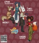  2021 absurd_res anthro biped bottle bruskit_(bruskit) canid canine dialogue dr_rabbit_(tomtc) eyes_closed fan_character female fox group hi_res holding_bottle holding_mug holding_object human hybrid jaya_(zakurujay) kynum_(kynum) lagomorph leporid male mammal mug qr_code rabbit red_fox sitting standing twokinds unknown_artist webcomic 