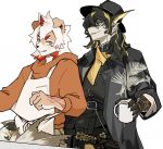  2022 absurd_res anthro arknights arm_tattoo black_hair blonde_hair blush blush_lines canid canine canis carp clothing coat container cup cyprinid cypriniform domestic_dog dragon duo eyewear fish glasses hair hi_res holding_cup holding_object horn hung_(arknights) hypergryph lee_(arknights) male male/male mammal marine red_hair simple_background studio_montagne ta08 tattoo topwear video_games white_hair yellow_eyes 