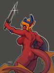  anthro arklai_(croxot) blue_eyes breasts bubble_butt butt croxot dragon female glistening glistening_breasts glistening_butt grey_background hair hi_res holding_object holding_shield holding_sword holding_weapon horn looking_at_viewer melee_weapon muscular muscular_anthro muscular_female nipples nude orange_hair red_body red_scales scales scalie shield side_boob side_view simple_background solo sword weapon 