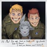  alien anthro blonde_hair creepy creepy_smile demon_deity english_text fur grey_body grey_fur group hair hi_res human looking_at_viewer male mammal military nature_of_predators photo red_hair scar scar_on_face size_difference smile smiling_at_viewer text trio venlil 