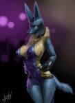  2022 3_fingers absurd_res anthro artist_name big_breasts black_nose blue_body blue_fur blulesnsfw breasts canid canine claws clothed clothing digital_media_(artwork) dress female fingers frown fur generation_4_pokemon hair hi_res inside looking_back lucario mammal navel navel_outline nintendo nipple_outline nipples pokemon pokemon_(species) purple_clothing purple_dress red_eyes side_boob skimpy skimpy_dress solo topwear video_games yellow_body yellow_fur 