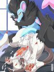  2022 absol alli_the_luxray animal_genitalia animal_penis anthro anus balls bed big_balls big_penis black_body black_fur black_skin blue_body blue_fur blue_penis blue_tongue blush bodily_fluids butt canine_penis claws cum cum_in_ass cum_inside cum_on_balls cum_on_butt cum_on_face cum_on_feet cum_on_horn cum_on_penis cum_on_self duo ear_piercing ear_ring eyes_closed forehead_gem fur furniture gender_symbol generation_3_pokemon generation_4_pokemon genital_fluids genitals hi_res horn inside knot luxray lying male male/male mane mylk nikkibunn nintendo on_back on_bed orgasm penetration penis perineum piercing pokemon pokemon_(species) red_sclera ring_piercing stripes symbol tongue tongue_out video_games white_body white_fur window yellow_eyes 