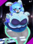  3:4 anthro big_breasts black_pupils blue_hair breasts cleavage clothed clothing dress english_text female ghost hair hi_res huge_breasts huge_thighs lagomorph long_hair looking_at_viewer mammal mario_bros mario_plus_rabbids_sparks_of_hope midnite_(mario_plus_rabbids) nintendo omegabrawl one_eye_closed open_mouth pupils purple_eyes rabbid raving_rabbids rayman_(series) solo spirit text thick_thighs ubisoft video_games white_body wide_hips wink 