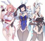  3girls animal_ears blue_eyes blue_wristband breasts citemer detached_collar detached_sleeves garter_straps genshin_impact grey_eyes hair_ornament hand_in_own_hair hand_up highres large_breasts leotard long_hair multiple_girls pink_eyes pink_hair playboy_bunny ponytail purple_hair rabbit_ears rope rope_belt see-through see-through_leotard shenhe_(genshin_impact) short_hair simple_background symmetrical_hand_pose thigh_strap thighhighs thighs very_long_hair white_background white_hair wristband yae_miko yelan_(genshin_impact) 