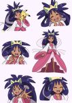  1girl :d bangs blush clenched_hands closed_eyes commentary_request dark-skinned_female dark_skin eyelashes hands_up highres iris_(pokemon) long_hair miin_(toukotouya) multiple_views open_mouth pikachu pink_skirt pokemon pokemon_(anime) pokemon_(creature) pokemon_journeys purple_hair raised_eyebrows shirt skirt smile spread_fingers tearing_up teeth tiara tongue upper_teeth v-neck white_background white_shirt wide_sleeves 