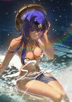  1girl ankh bangs bare_shoulders blue_eyes blue_hair breasts candace_(genshin_impact) cleavage dark-skinned_female dark_skin egyptian_clothes eye_of_horus forehead_jewel genshin_impact gold_choker hair_ornament heterochromia highres jewelry large_breasts neck_ring open_mouth qingchunxiaoga sample_watermark short_hair_with_long_locks sidelocks sitting stomach thighs water yellow_eyes 