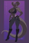  abs anthro belt big_breasts black_body black_scales boots bottomwear breasts cleavage clothed clothing cobra fangs female fingerless_gloves footwear gloves glowing handwear hi_res high_heeled_boots high_heels huge_breasts lana_grayscale_(pancakesman) long_tail muscular muscular_anthro pants pose purple_eyes reptile scales scalie snake standing wmdiscovery93 