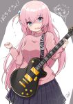 1girl ^^^ bangs black_skirt blue_eyes bocchi_the_rock! breasts chibi commentary_request cube_hair_ornament electric_guitar flying_sweatdrops gibson_les_paul gotou_hitori grey_background guitar hair_between_eyes hair_ornament holding holding_instrument instrument jacket long_hair medium_breasts multiple_views one_side_up open_mouth pink_hair pink_jacket pleated_skirt shaded_face skirt sou_(soutennkouchi) sweat track_jacket translation_request turn_pale two-tone_background very_long_hair white_background 