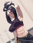  1girl abs arm_up armpits black_hair blush brown_eyes dated dendra_(pokemon) fingerless_gloves gloves highres looking_at_viewer midriff mikichika muscular muscular_female navel pants pokemon pokemon_(game) pokemon_sv scar scar_on_face scar_on_forehead signature simple_background solo sports_bra stained_clothes stomach sweat sweaty_clothes topknot track_pants 
