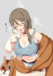  1girl bangs blurry blurry_background blush breasts brown_hair choker cleavage closed_eyes commentary_request costume grey_background guchiaki hair_between_eyes large_breasts lycoris_recoil midriff nakahara_mizuki open_mouth simple_background stained_clothes steam sweat sweaty_clothes tank_top towel translation_request undressing wet wet_hair wiping_face wiping_sweat 