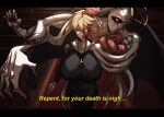  1girl absurdres alecto_0 beads blonde_hair breasts closed_mouth covered_nipples cowboy_shot cross double_(skullgirls) eldritch_abomination english_commentary english_text highres horror_(theme) huge_breasts lips nun prayer_beads red_eyes short_hair skull skullgirls subtitled transformation 