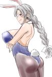  1girl animal_ears arms_under_breasts ass blue_eyes braid breasts closed_mouth covered_nipples cowboy_shot from_side grey_hair large_breasts long_hair looking_at_viewer playboy_bunny rabbit_ears rabbit_tail shiraue_yuu simple_background single_braid smile solo standing tail touhou white_background yagokoro_eirin 