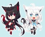  2girls ahoge animal_ear_fluff animal_ears aqua_eyes bangs black_footwear black_hair black_ribbon black_shorts blue_neckerchief boots braid chibi dark_persona detached_sleeves ear_piercing earrings fox_ears fox_girl fox_shadow_puppet fox_tail front_slit grey_hair hair_between_eyes hair_ribbon hololive hood hooded_jacket jacket jewelry kurokami_fubuki long_hair low_ponytail multicolored_hair multicolored_hairin_fang multiple_girls nagishiro_mito neckerchief open_clothes open_jacket pentagram piercing red_eyes red_hair ribbon shirakami_fubuki short_shorts shorts side_braid sidelocks simple_background single_braid single_earring single_thighhigh sleeveless_turtleneck_crop_top streaked_hair tail thigh_strap thighhighs virtual_youtuber white_hair white_sleeves wide_sleeves 