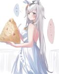  1girl :t afterimage ahoge animal_ears backless_dress backless_outfit bangs bare_arms bare_shoulders blush breasts closed_mouth dress ear_wiggle eating food food_on_face fried_rice grey_eyes grey_hair ha_(hura76752775) highres holding holding_plate holding_spoon horse_ears horse_girl horse_tail long_hair medium_breasts multicolored_hair oguri_cap_(umamusume) plate simple_background sleeveless sleeveless_dress solo spoon tail translation_request two-tone_hair umamusume v-shaped_eyebrows very_long_hair wavy_mouth white_background white_dress white_hair 