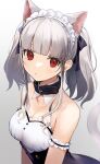  1girl :o animal_ear_fluff animal_ears bangs bare_shoulders black_dress breasts cat_ears cat_girl cat_tail cleavage collarbone dress gradient gradient_background grey_background grey_hair highres long_hair maid_headdress original parted_lips red_eyes redrawn shirt sidelocks slit_pupils small_breasts solo strapless strapless_dress tail tail_raised twintails urata_asao white_background white_shirt 