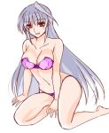  1girl bangs bare_arms bare_legs barefoot between_legs bikini breasts cleavage collarbone engo_(aquawatery) feet_out_of_frame grey_hair hair_between_eyes hand_between_legs kneeling large_breasts long_hair looking_at_viewer lyrical_nanoha mahou_shoujo_lyrical_nanoha_strikers navel open_mouth pink_bikini red_eyes reinforce shiny shiny_hair simple_background sketch solo straight_hair strapless strapless_bikini swimsuit very_long_hair white_background 