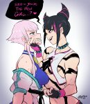  2girls :t aqua_eyes aqua_nails assertive_female bangs belt black_belt black_hair blue_leotard blunt_bangs blush bracelet breast_press breasts collar commentary_request dougi english_text fang fingerless_gloves gloves grabbing_another&#039;s_chin hair_horns han_juri hand_on_another&#039;s_chin highres jewelry leotard manon_(street_fighter) martial_arts_belt medium_breasts multicolored_hair multiple_girls nose_blush off-shoulder_jacket off_shoulder pink_eyes pink_hair pink_lips revealing_clothes short_hair short_hair_with_long_locks speech_bubble spiked_bracelet spiked_collar spikes streaked_hair street_fighter street_fighter_6 sytokun underboob you_gonna_get_raped yuri 