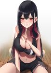 1girl absurdres amane_sora bare_shoulders black_hair black_shorts breast_suppress breasts cleavage collarbone colored_inner_hair finger_to_mouth hair_between_eyes highres index_finger_raised large_breasts leaning_forward long_hair looking_at_viewer mole mole_under_mouth multicolored_hair navel open_mouth original red_eyes short_shorts shorts shushing sitting smile solo sports_bra two-tone_hair unaligned_breasts wooden_floor 