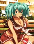  1girl ahoge alternate_costume aqua_hair bangs bare_arms bench breasts brown_sailor_collar brown_serafuku brown_shirt brown_skirt choker cleavage collarbone collared_shirt eating food green_eyes hair_between_eyes ikkitousen large_breasts long_hair looking_at_viewer midriff miniskirt neckerchief outdoors pleated_skirt pocky ribbon_choker ryofu_housen sailor_collar sailor_shirt school_uniform serafuku shiny shiny_hair shiny_skin shirt sitting skirt sleeveless sleeveless_shirt socks solo stomach twintails white_neckerchief white_socks 