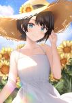  1girl aqua_eyes bangs bare_arms black_hair blurry blurry_background blush closed_mouth cloud collarbone commentary_request day dress flower hat hat_flower hego_0102 highres hololive looking_at_viewer oozora_subaru outdoors short_hair sky smile solo straw_hat sun_hat sundress sunflower sunlight upper_body virtual_youtuber white_dress 