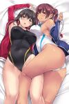  2girls ass bangs black_hair black_one-piece_swimsuit blue_jacket blush breasts brown_eyes brown_hair collarbone commentary_request competition_swimsuit covered_navel dark-skinned_female dark_skin grin hair_tie highleg jacket large_breasts long_hair lying mizuhara_yuu multiple_girls on_back on_side one-piece_swimsuit open_mouth original red_jacket shiny shiny_skin sideboob smile swimsuit thighs twintails whistle white_one-piece_swimsuit yellow_eyes 
