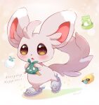  :o absurdres blush brown_eyes commentary_request grey_footwear highres holding mareep minccino no_humans pokemon pokemon_(creature) shii_(no-va_could) signature slippers solo sparkle standing substitute_(pokemon) swablu trubbish 