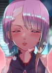  1girl bangs blurry blurry_background city cityscape close-up closed_eyes collar commentary_request cyberpunk cyberpunk_(series) cyberpunk_edgerunners highres incoming_kiss kiss lips lucy_(cyberpunk) outstretched_arms parted_bangs parted_lips pink_hair shiny shiny_hair short_hair sleeveless steam sweat yu_ki_ruta60 
