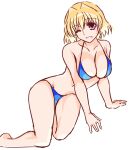  1girl ;d bare_arms bare_legs barefoot bikini blonde_hair blue_bikini breasts cleavage collarbone engo_(aquawatery) feet_out_of_frame groin hair_intakes halterneck large_breasts looking_at_viewer lyrical_nanoha mahou_shoujo_lyrical_nanoha_strikers medium_hair navel one_eye_closed open_mouth purple_eyes shamal shiny shiny_hair simple_background sketch smile solo swimsuit white_background 
