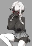  1girl arm_support bangs blush bottomless braid breasts butteryshake closed_mouth collarbone commission dark-skinned_female dark_areolae dark_skin foot_out_of_frame grey_background hair_intakes hand_up highres large_breasts microskirt navel original pointy_ears red_eyes shiny shiny_hair simple_background sitting skirt solo thighhighs twin_braids twintails white_thighhighs 