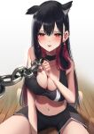  1girl absurdres amane_sora animal_collar bare_shoulders black_hair black_shorts breast_suppress breasts chain chain_leash cleavage collar collarbone colored_inner_hair finger_to_mouth hair_between_eyes highres index_finger_raised large_breasts leaning_forward leash long_hair looking_at_viewer mole mole_under_mouth multicolored_hair navel open_mouth original red_eyes short_shorts shorts shushing sitting smile solo sports_bra two-tone_hair unaligned_breasts viewer_holding_leash wooden_floor 