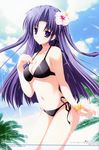 1girl absurdres bikini flower highres long_hair lyrical_lyric mikeou purple_eyes purple_hair sky solo swimsuit takami_rin 
